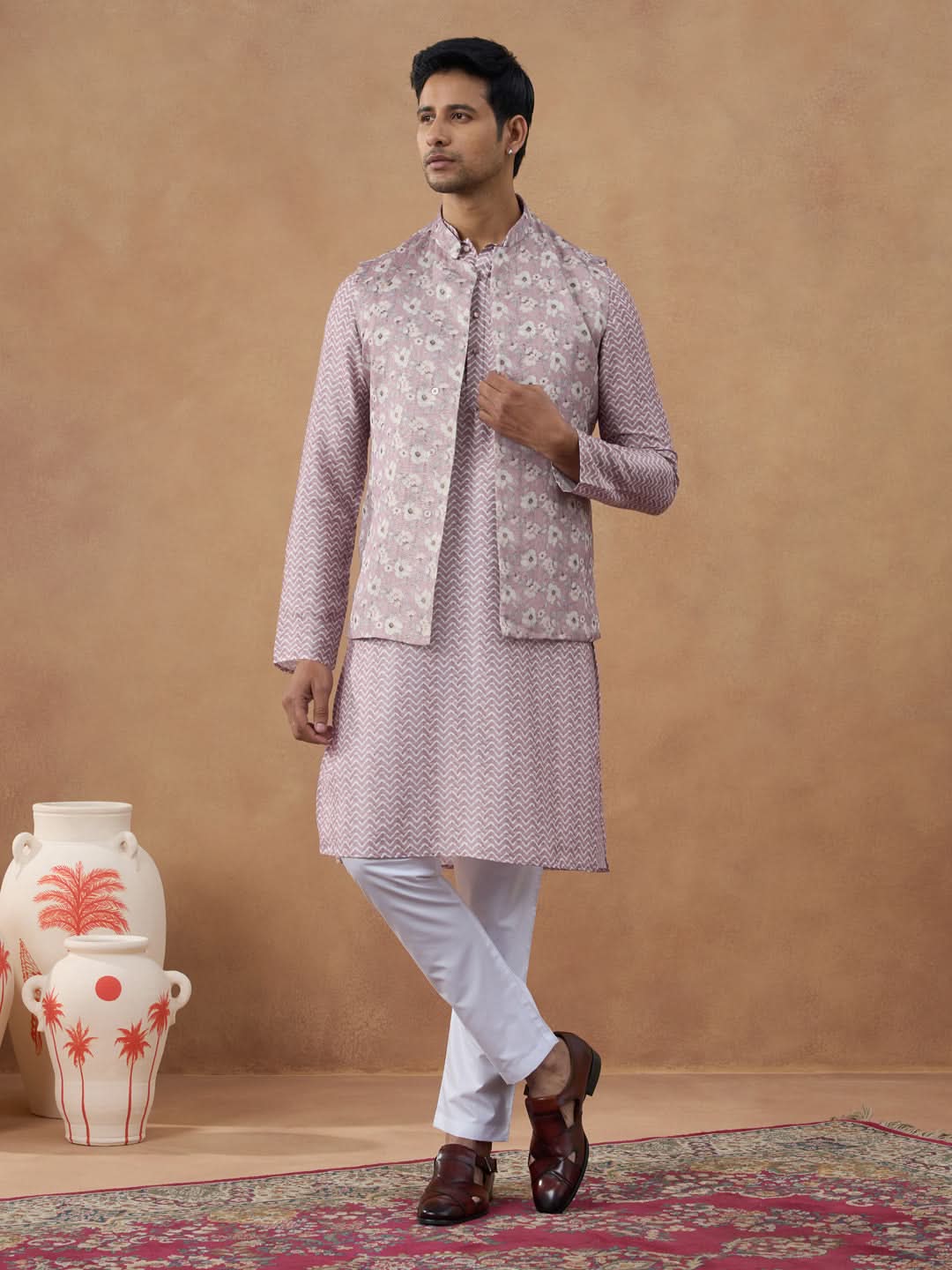 Pastel Pink Floral Jacket & Kurta Set