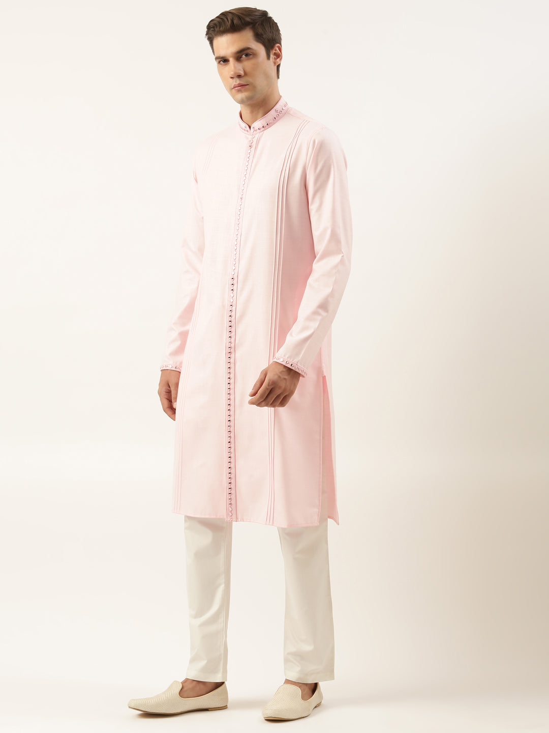 Pink cotton Front Open Embroidered Kurta Set