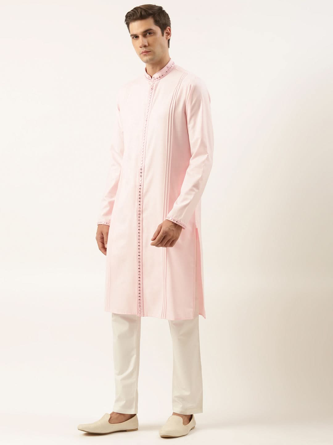 Pink cotton Front Open Embroidered Kurta Set