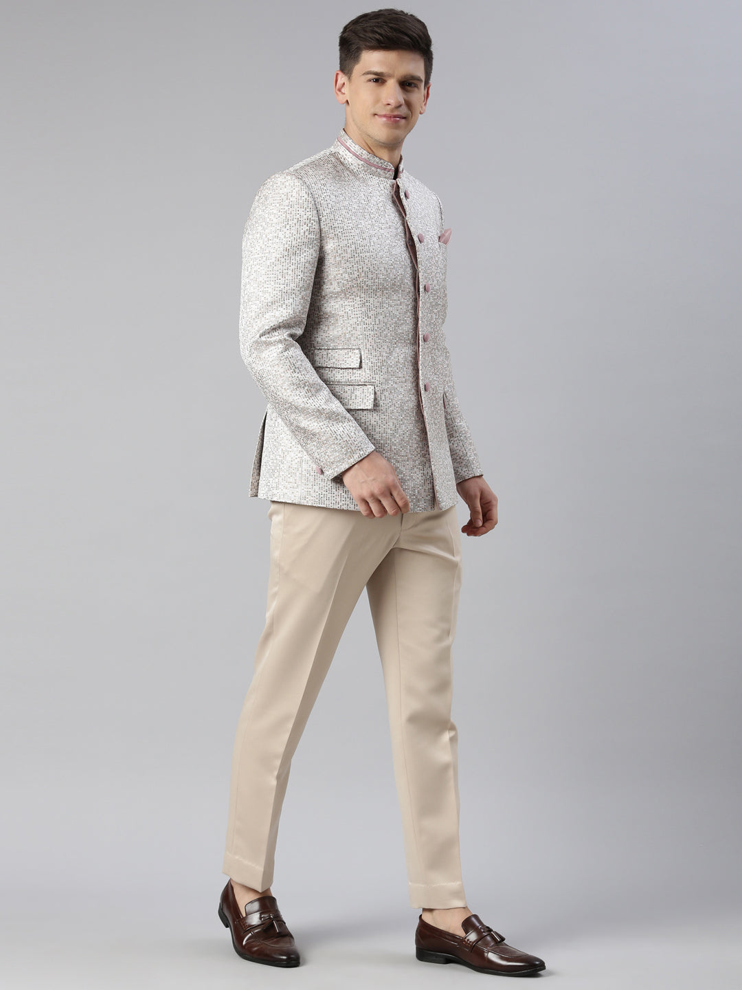Pink Grey Jacquard Bandhgala Set