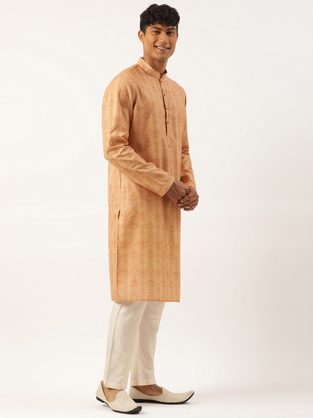 Beige Pleated Bundi With Kurta Set