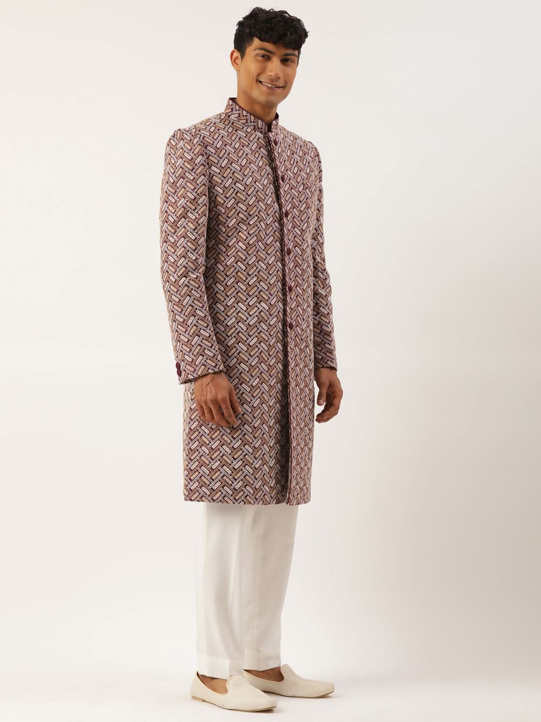 Wine Chikankari Embroidered Indo