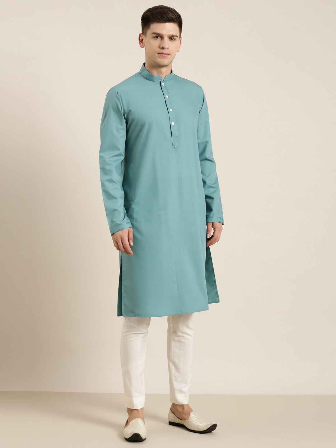 Beige Linen Printed Jacket Kurta Set