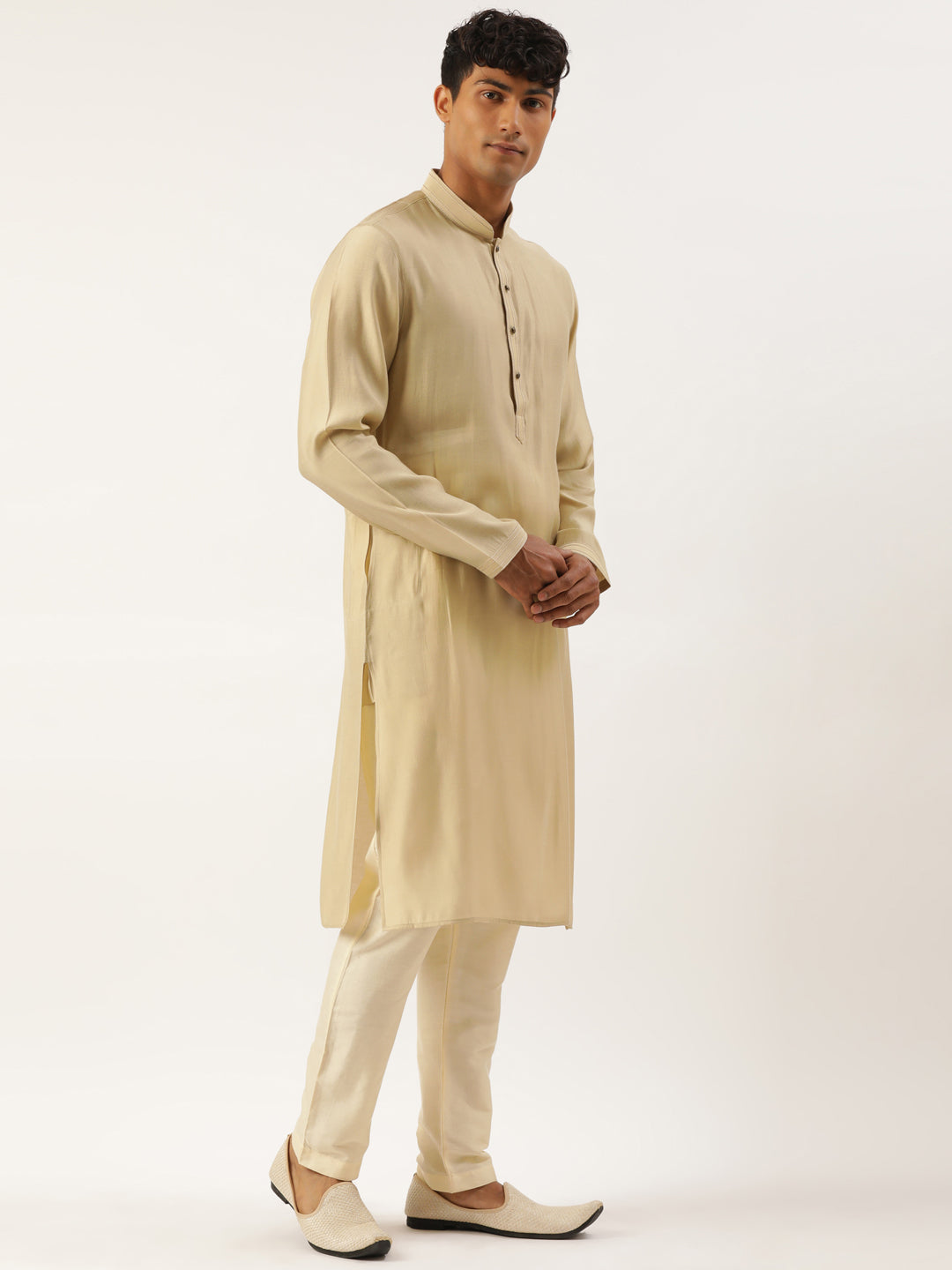 Gold Checkered Textured Jacket With Gold Kurta
