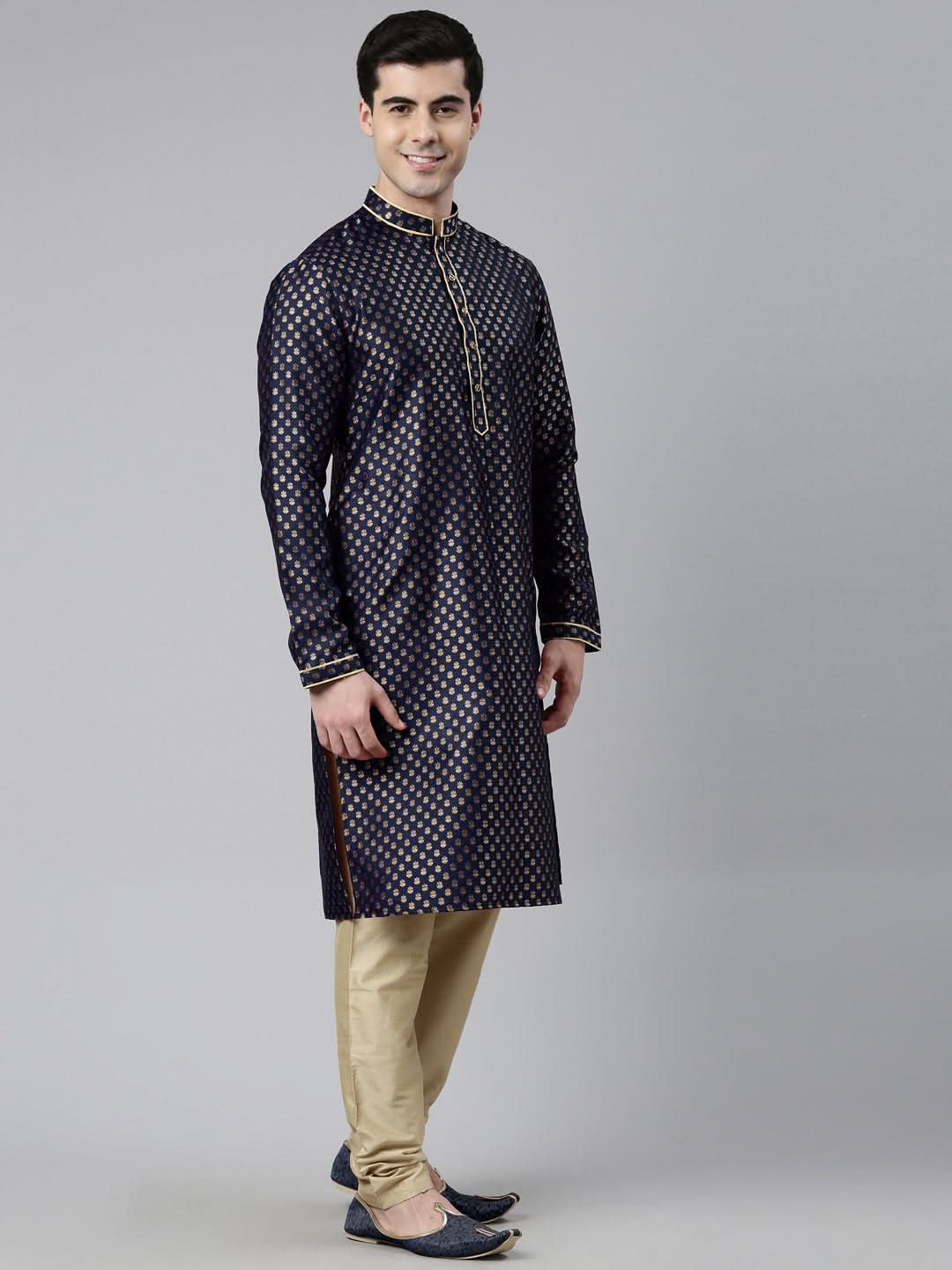 Navy Blue Brocade Jacket And Kurta Set