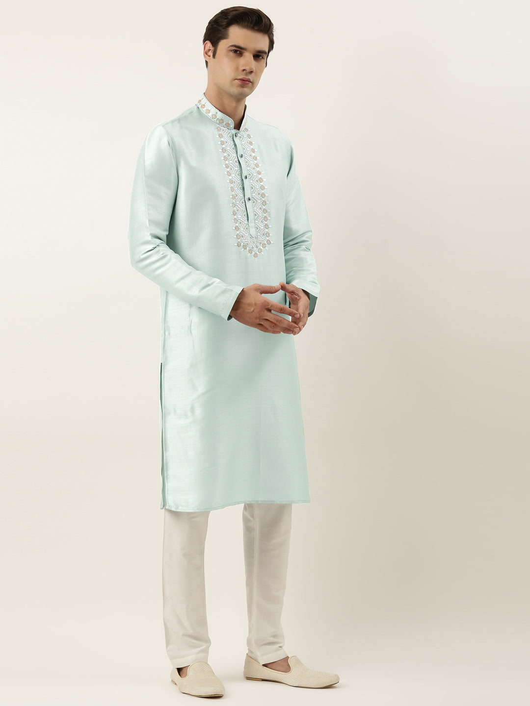 Aqua green Silk Embroidered Kurta Set