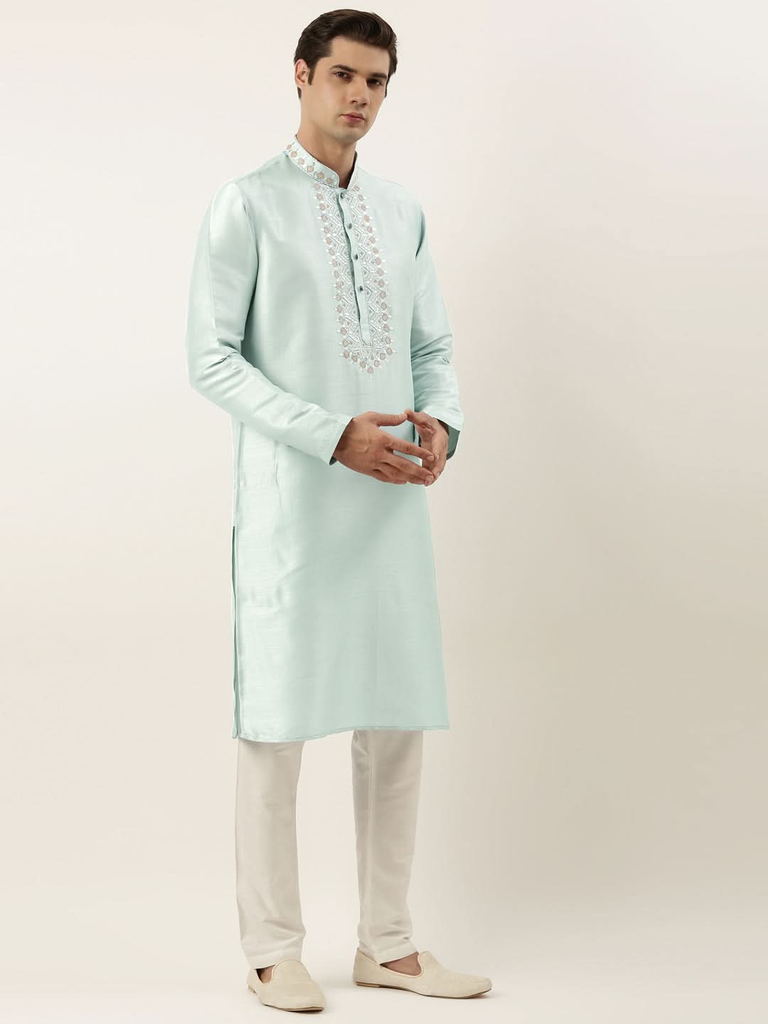 Aqua green Silk Embroidered Kurta Set