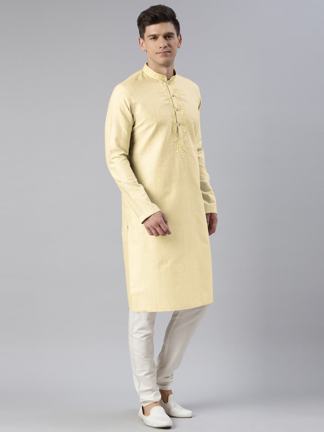 Cream Yellow Linen Embroidered Kurta