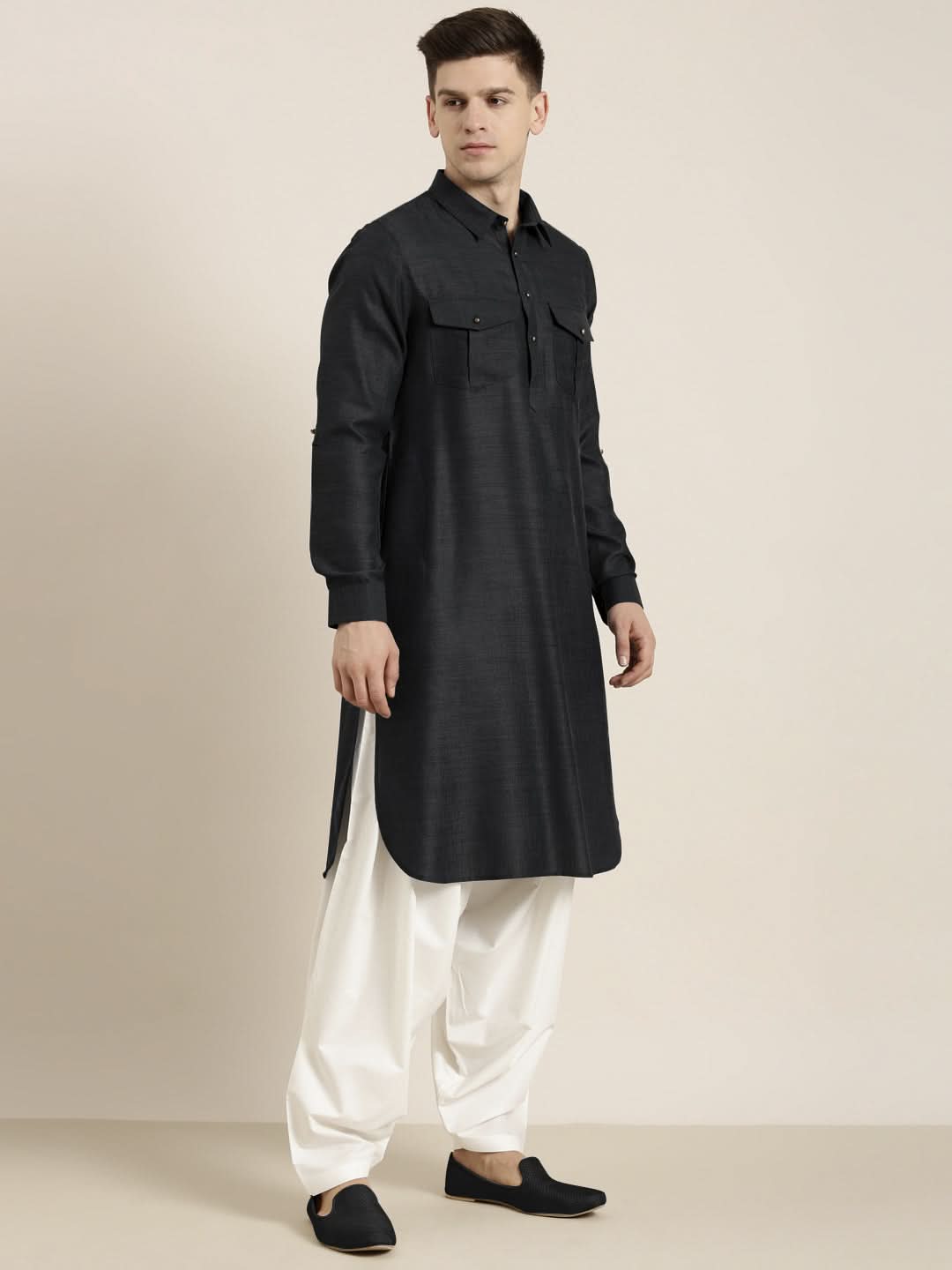 Black Cotton Pathani With Salwar