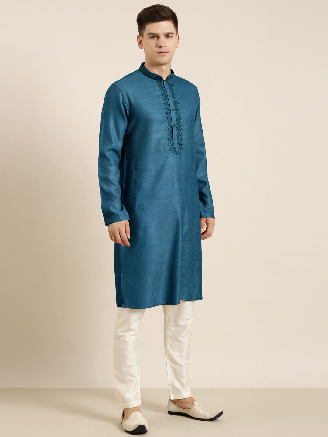 Denim Blue cotton Dori Embroidered Kurta