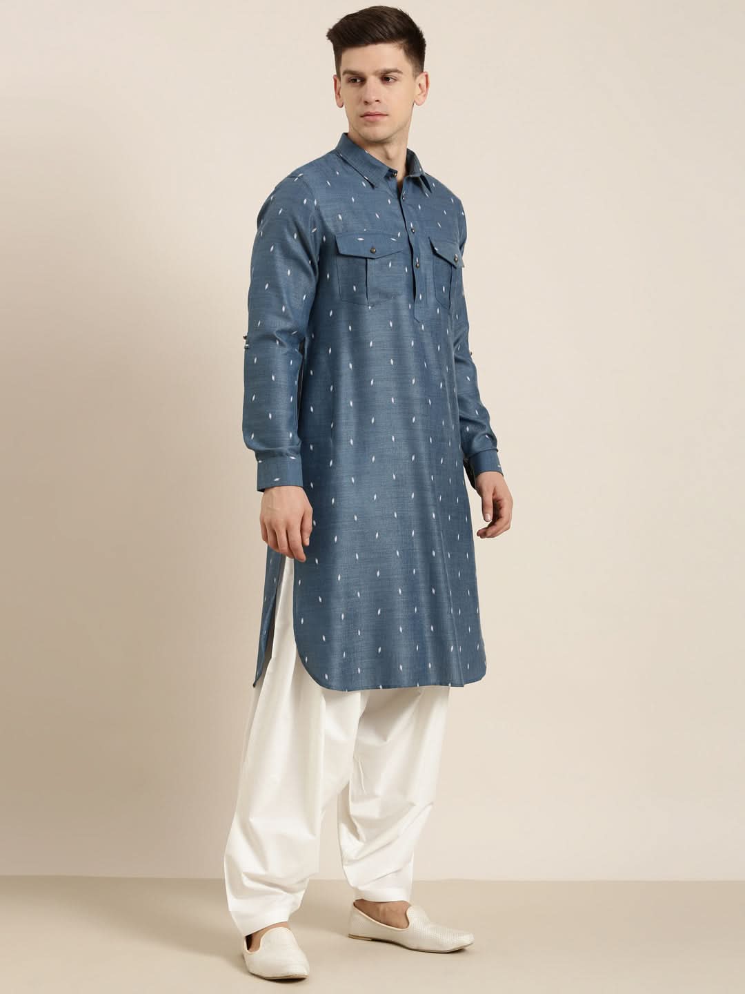 Denim Blue Cotton Pathani With Salwar