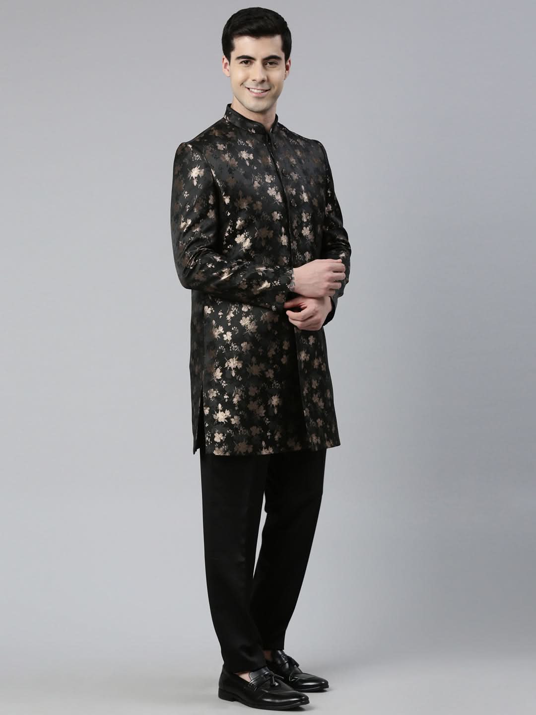 Gold Black Jacquard Indo Western with Black Pant