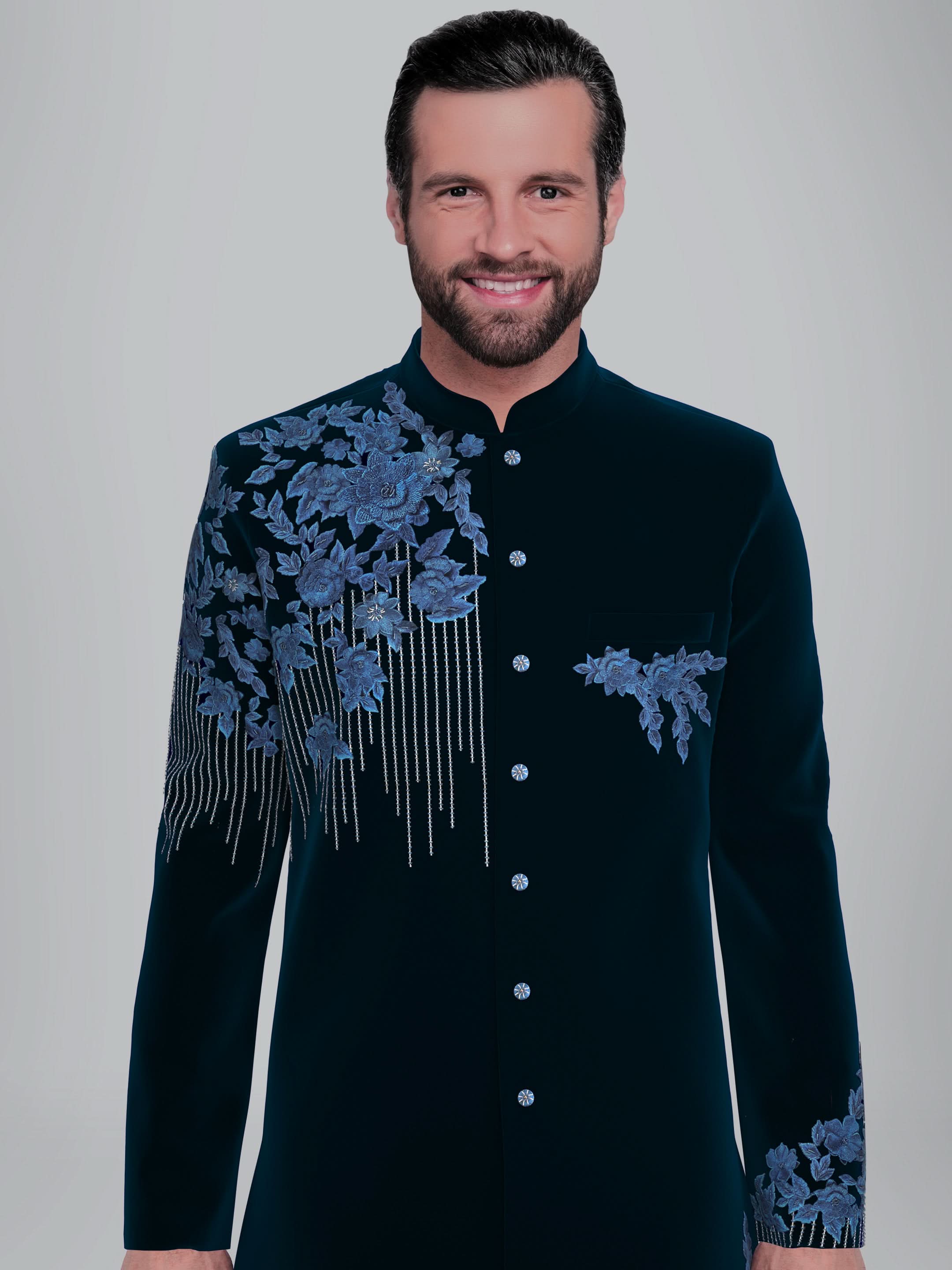 Navy velvet 3D embroidery Asymmetric Indowestern