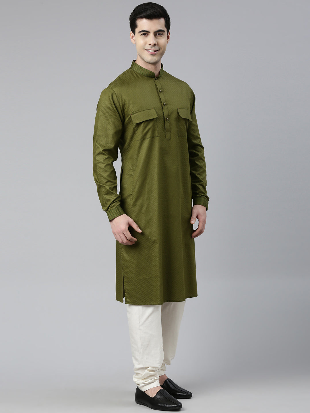 Green Cotton Pathani Kurta Set with Patch Pocket