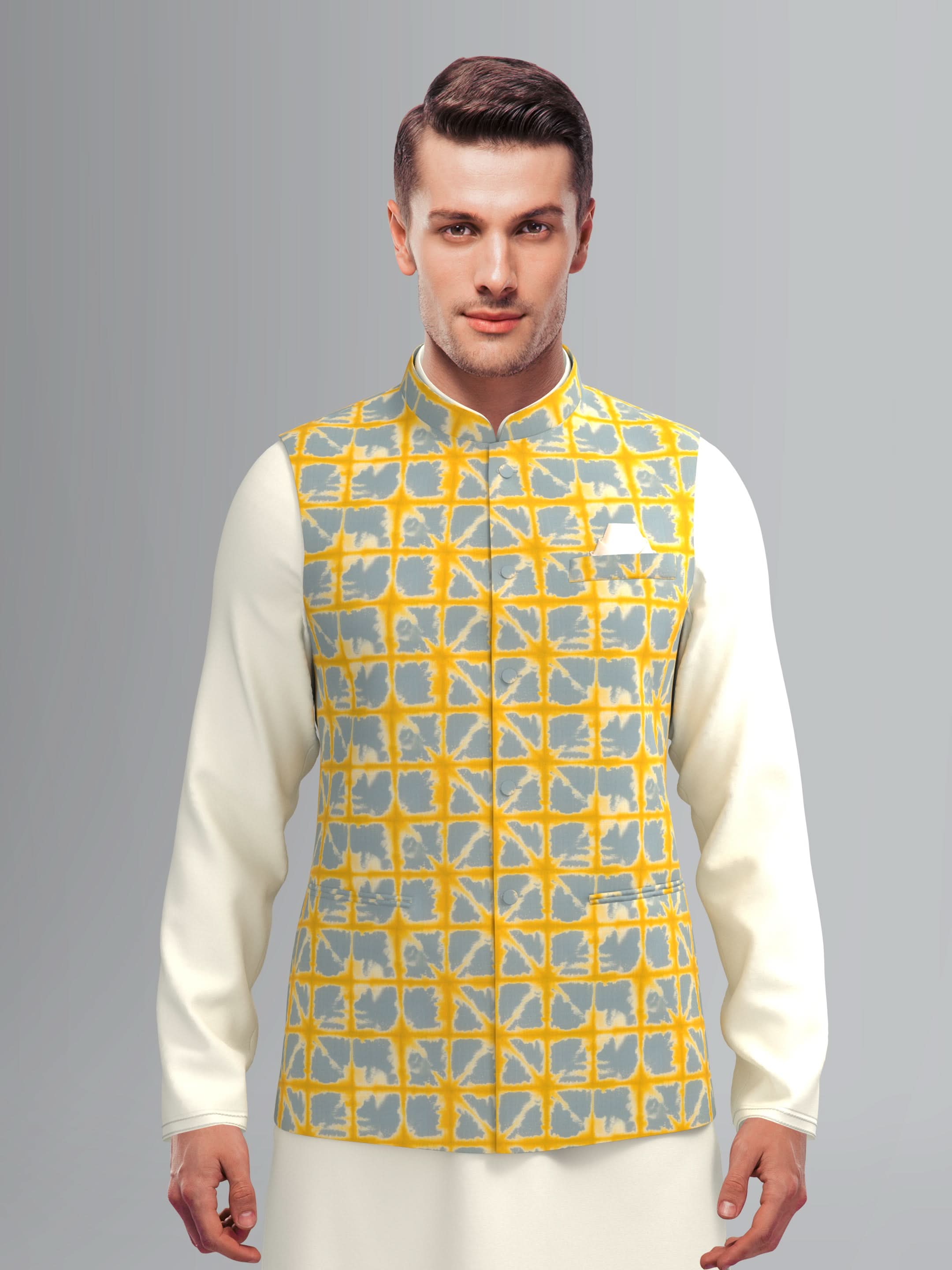 Yellow Grey Tiedye Jacket Kurta Set