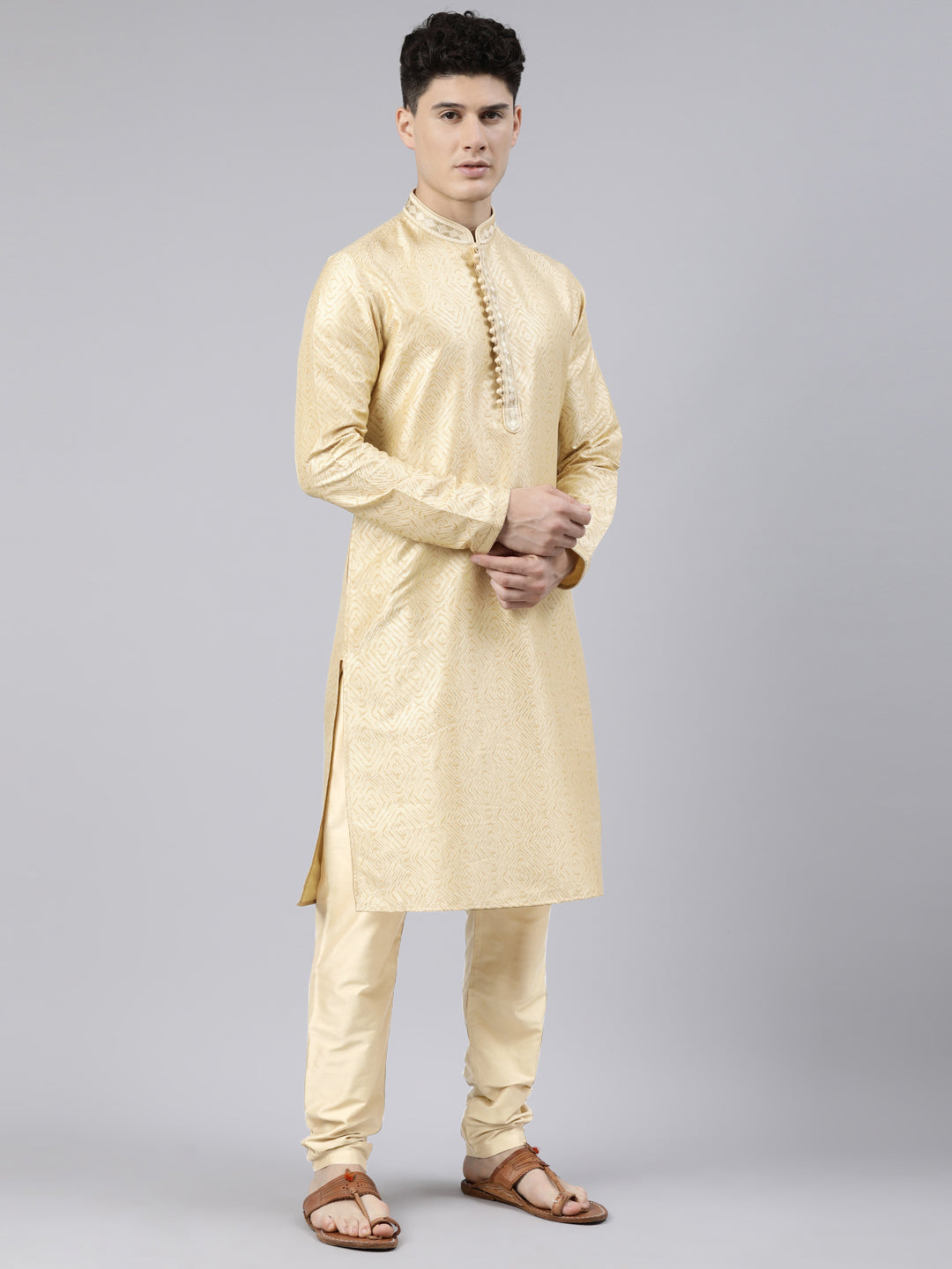 Beige Art Silk Kurta Set with Shining Golden Khadi Print