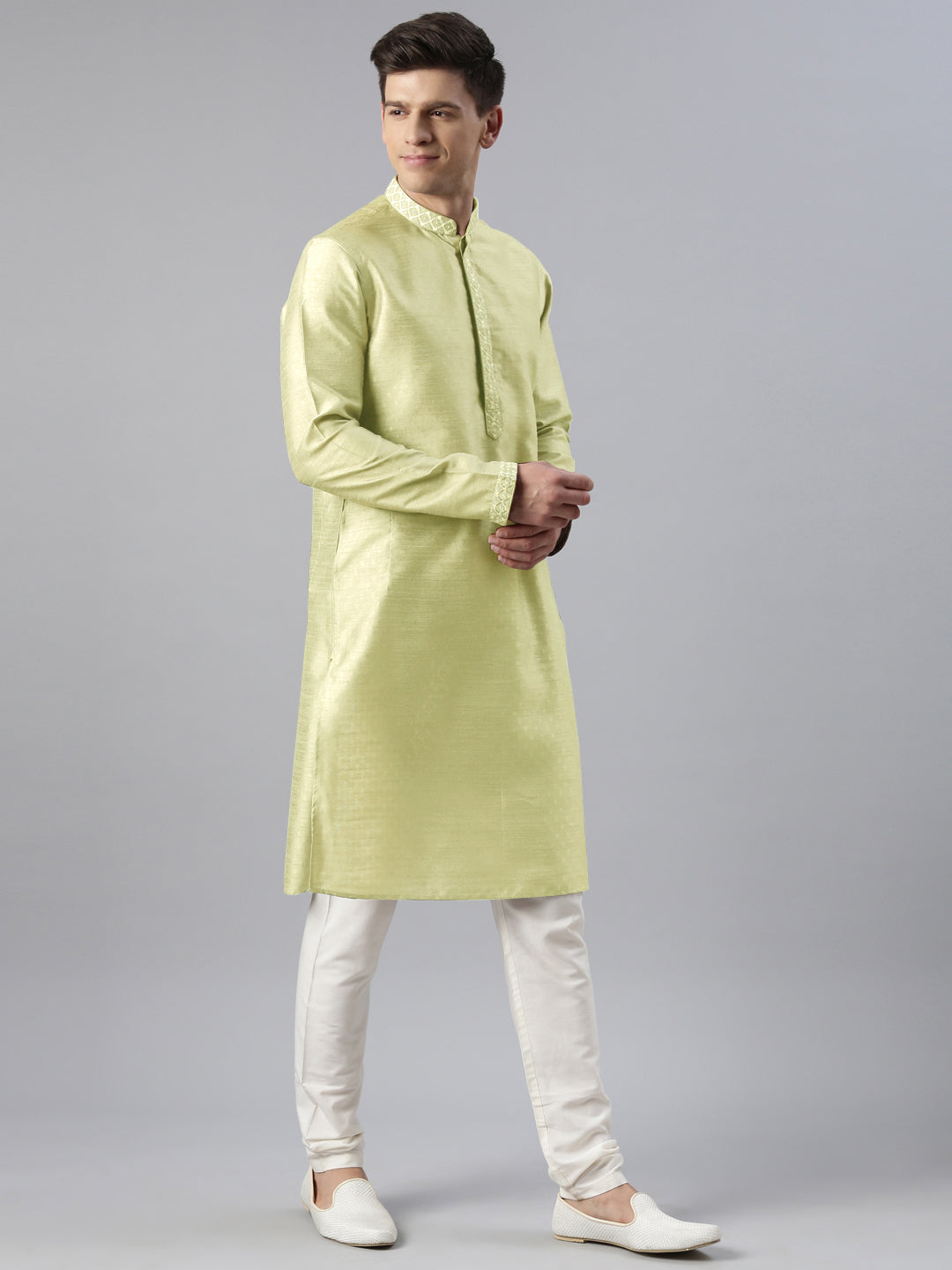 Dusty Green Self Jacquard Art Silk Embroidered Kurta Set