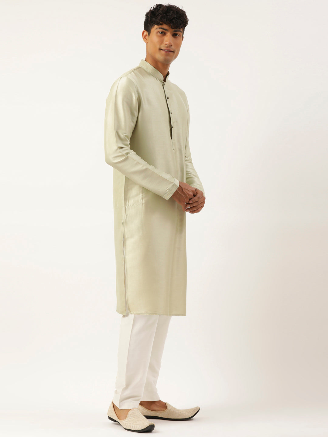 Beige Printed Cotton Jacket Kurta Set