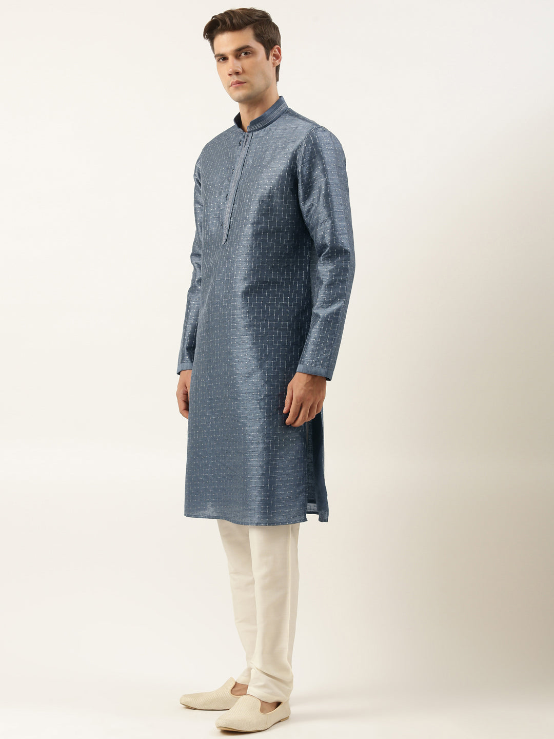 Grey Embroidered Silk Kurta Set