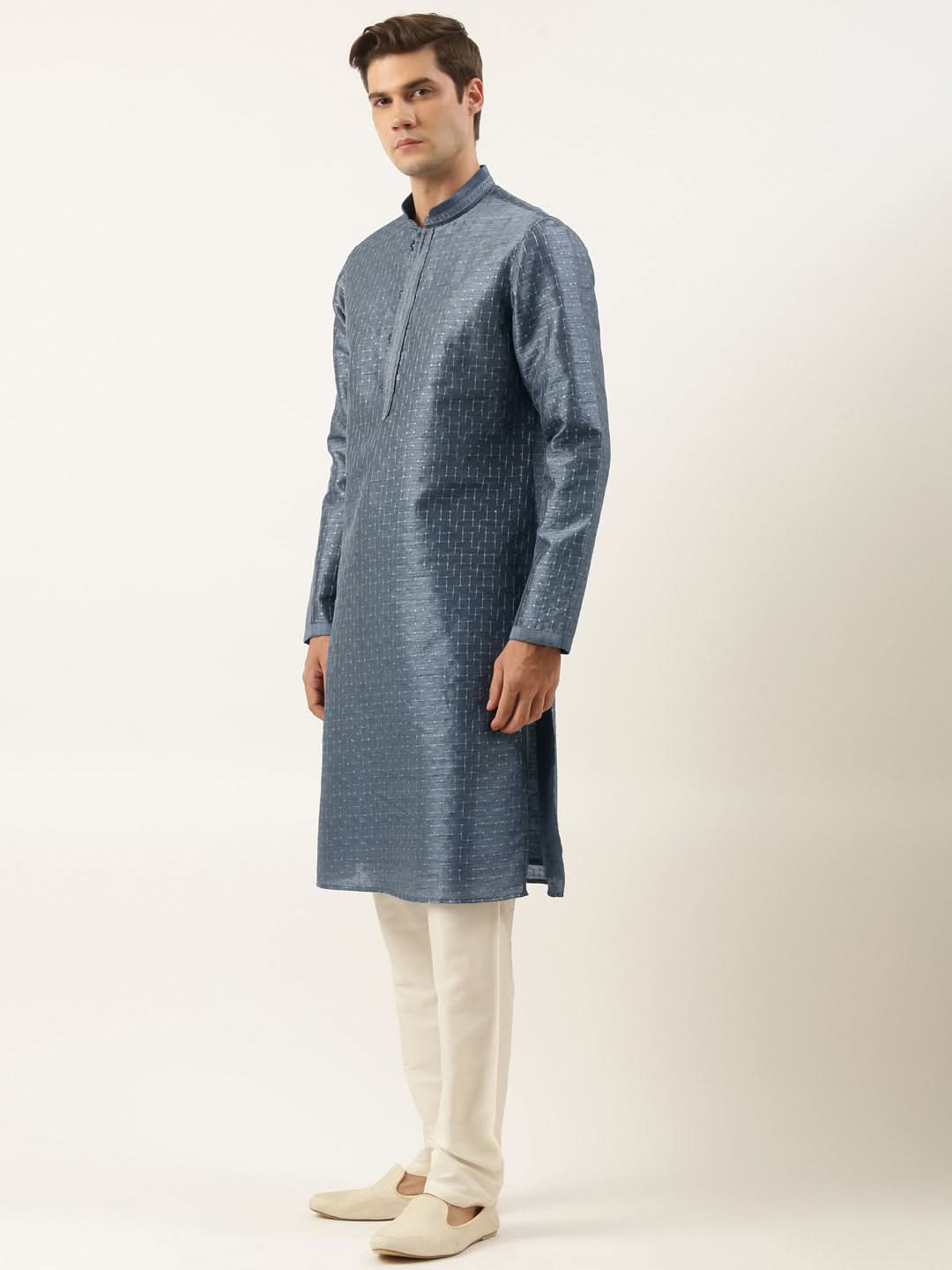 Grey Embroidered Silk Kurta Set