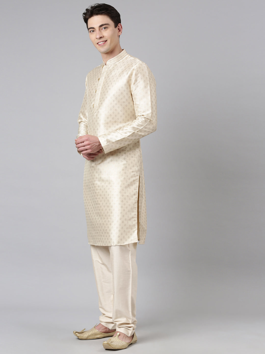 Cream Silk Gold Printed Kurta Set