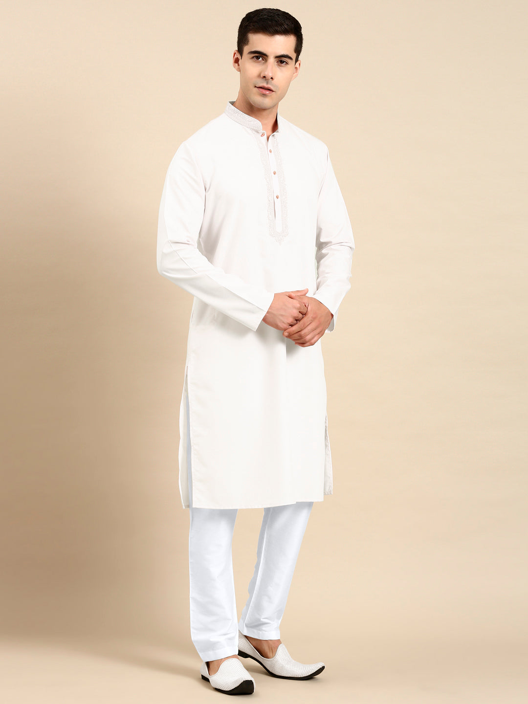 White Cotton Dori Embroidered Kurta Set