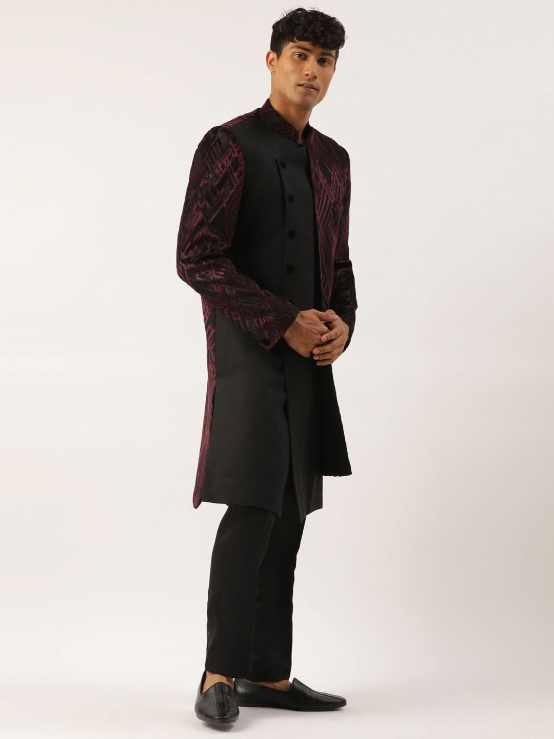 Wine Velvet Angrakha Layered Indowestern