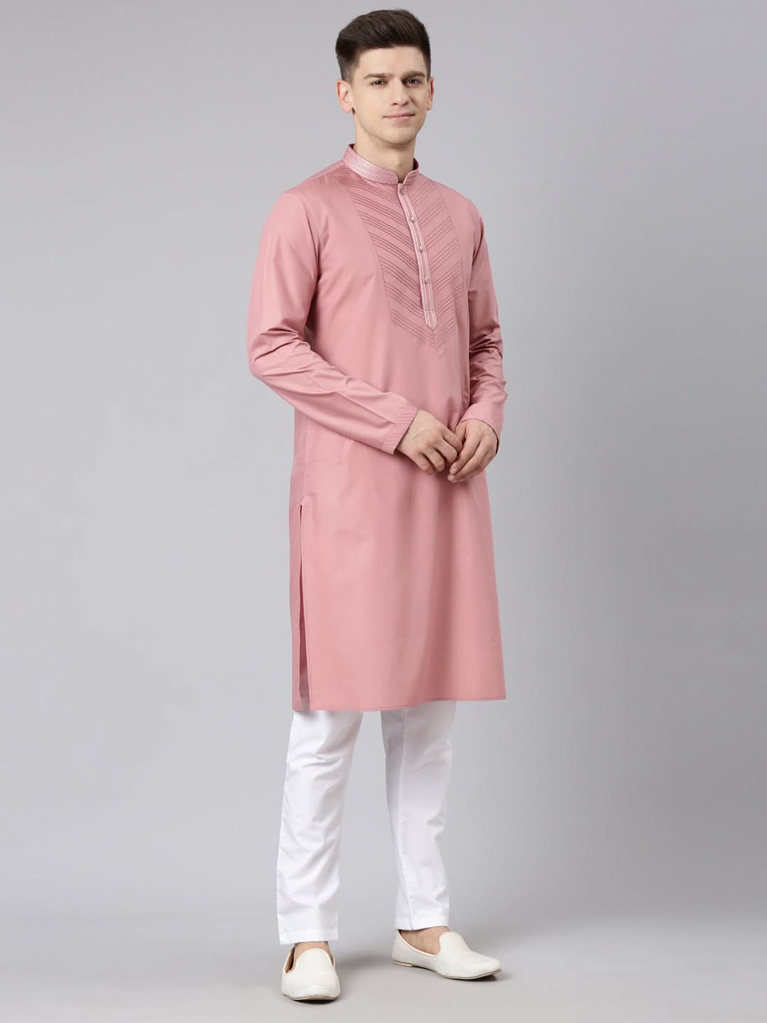 Rose Pink Pleated Cotton Kurta Set