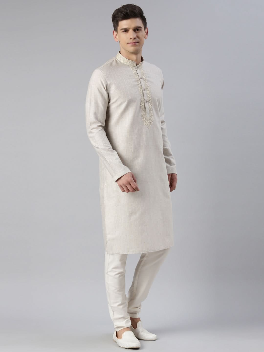 Beige Yellow Linen Embroidered Kurta