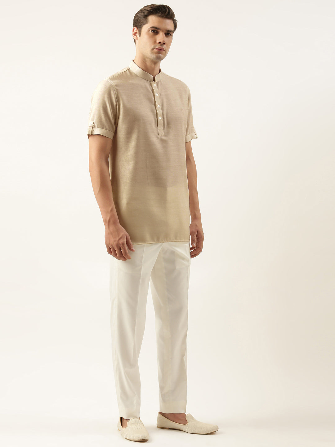 Beige Yellow Cotton Short Kurta Set