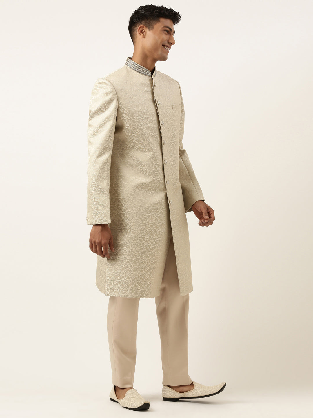 Beige Gold Jacquard Achkan Set