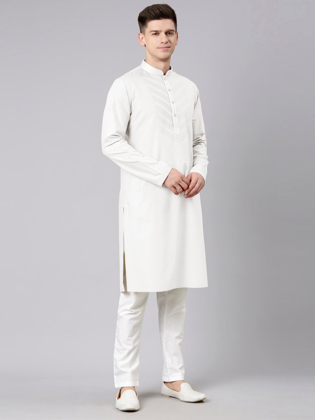 Off White Pleated Cotton Kurta Set