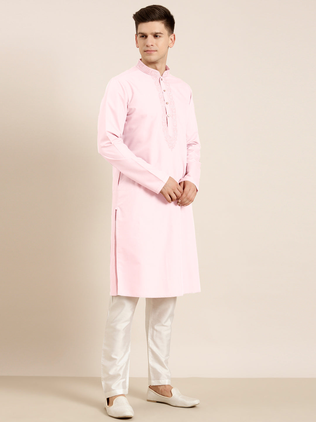 Pink Cotton Dori Embroidered Kurta Set