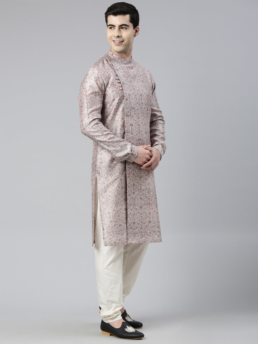Pink Floral Block Printed Angrakha Chanderi Silk Kurta Set