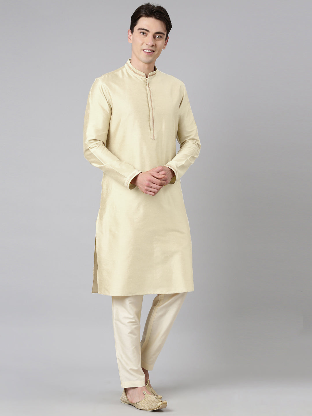 Beige Jacquard Jacket With Kurta Set