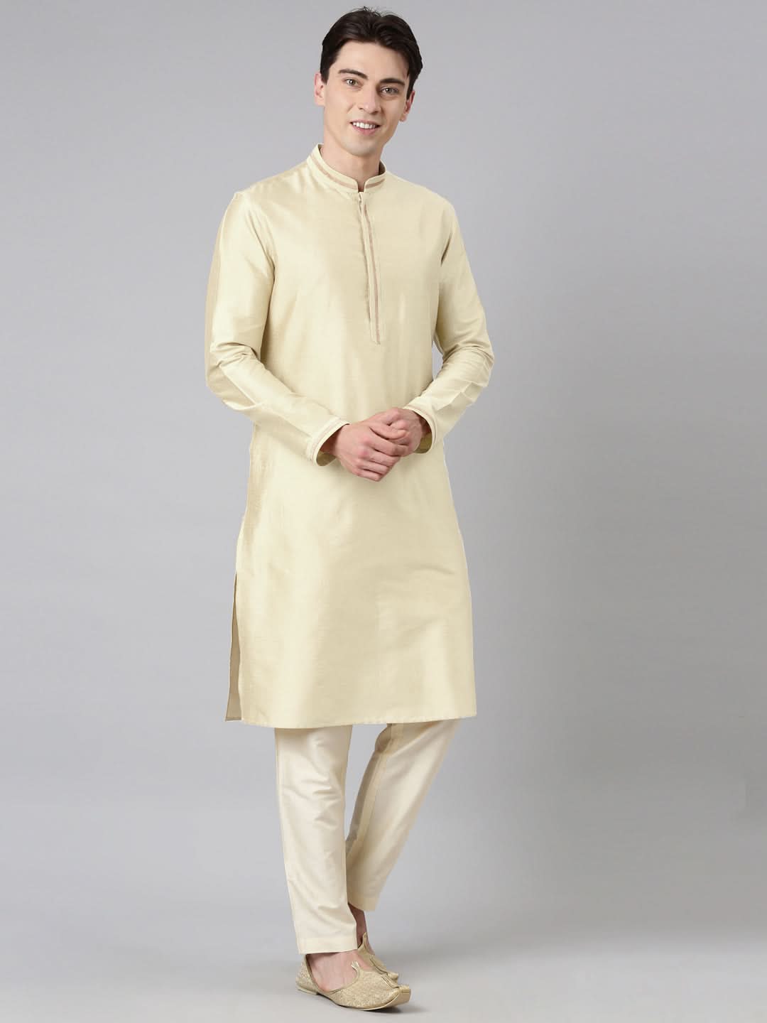 Beige Jacquard Jacket With Kurta Set