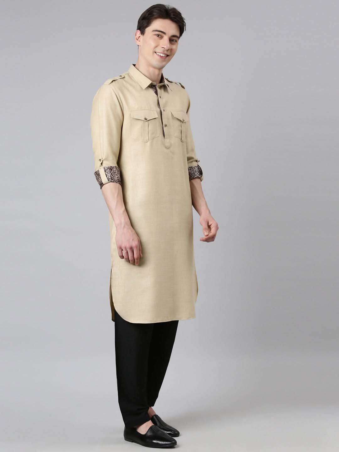 Sepia Tone Printed Jacket With Pathani Set