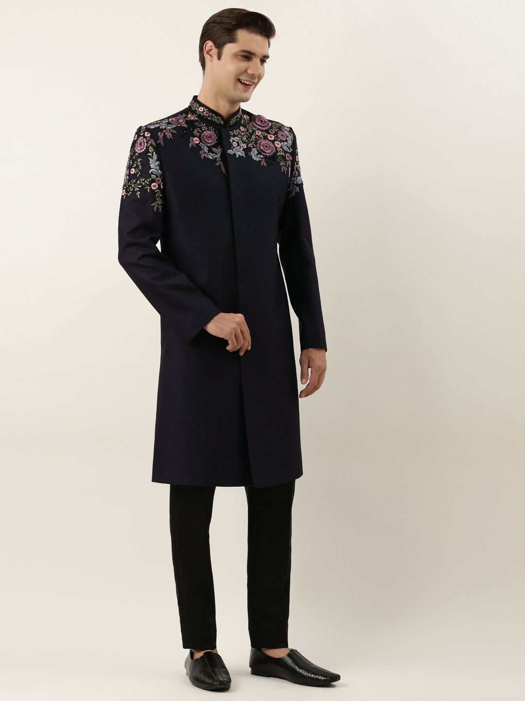 Wine Floral Embriodered Indowestern