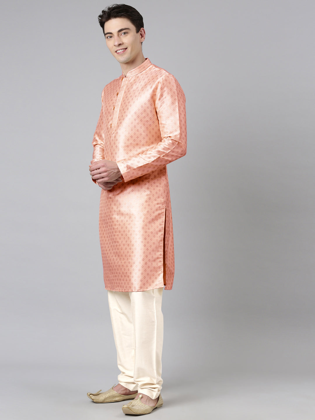 PEACH SILK GOLD PRINTED KURTA SET