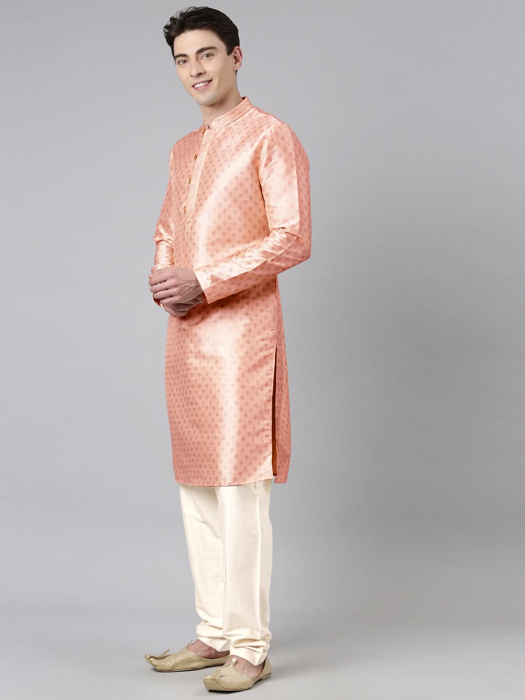 PEACH SILK GOLD PRINTED KURTA SET