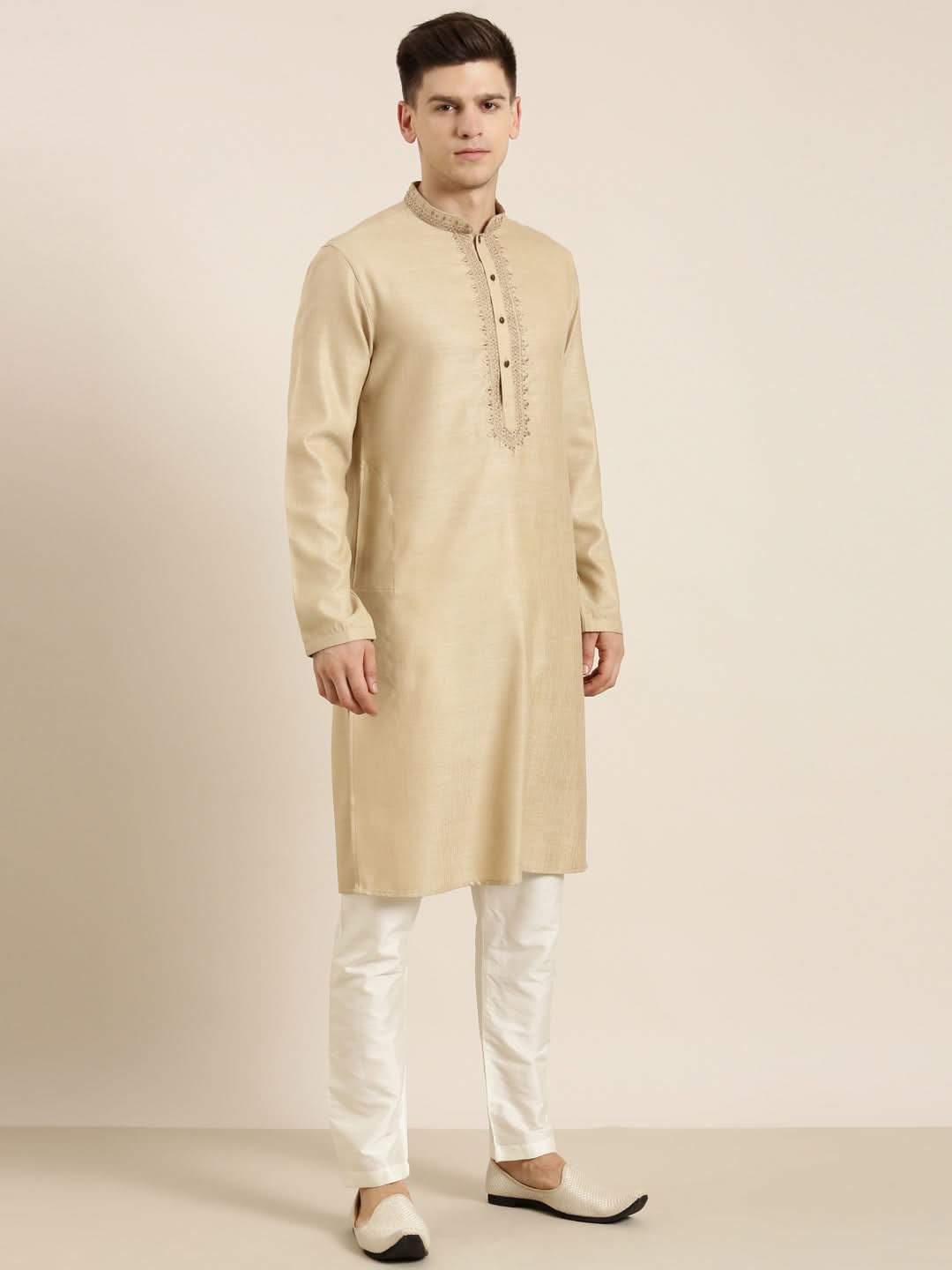 Beige Cotton Dori Embroidered Kurta