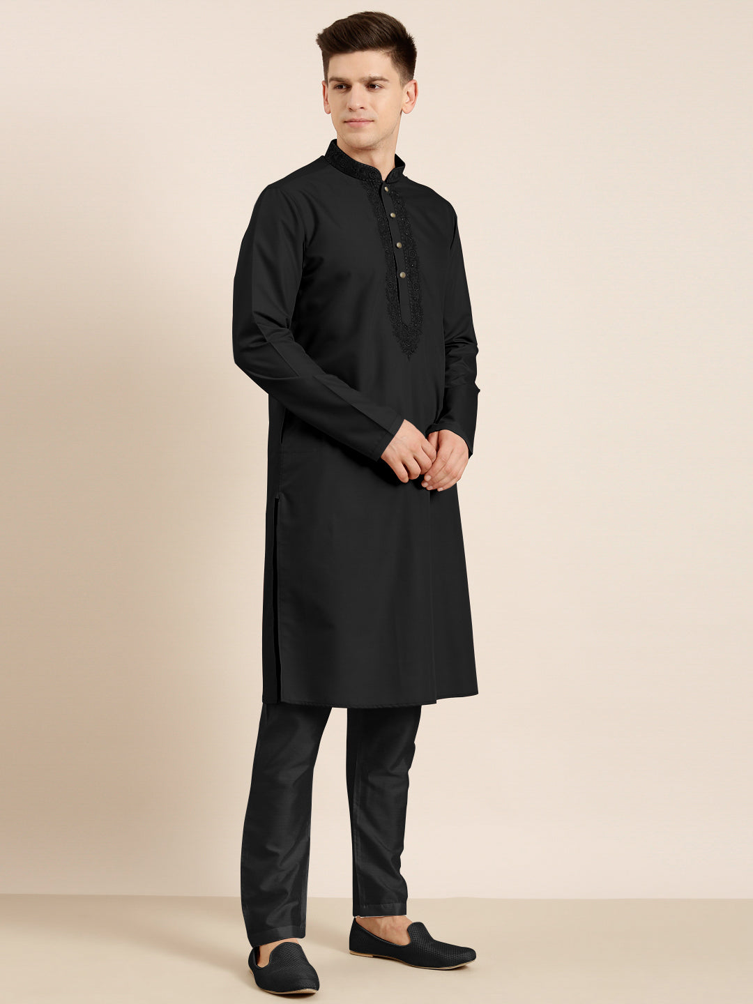 Black Cotton Dori Embroidered Kurta Set