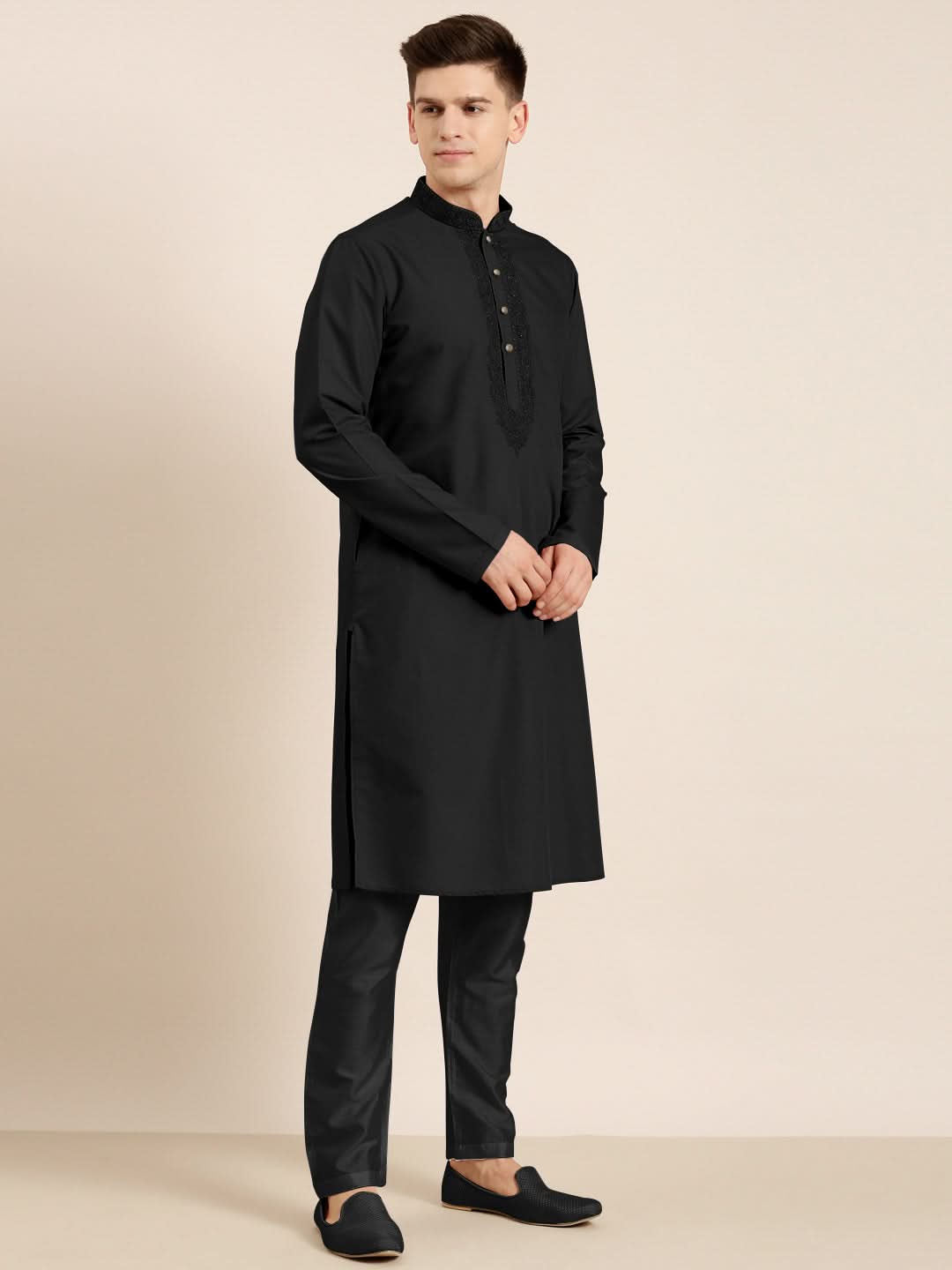 Black Cotton Dori Embroidered Kurta Set