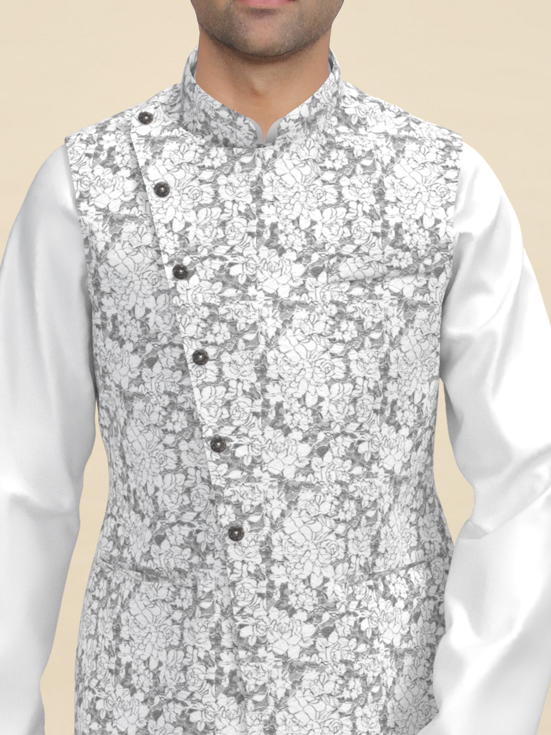 Grey Textured Jacket with White Kurta