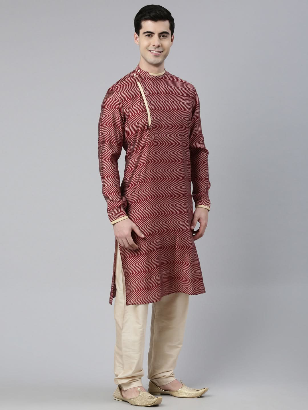 Maroon Harring Bone Block Printed Kurta Set