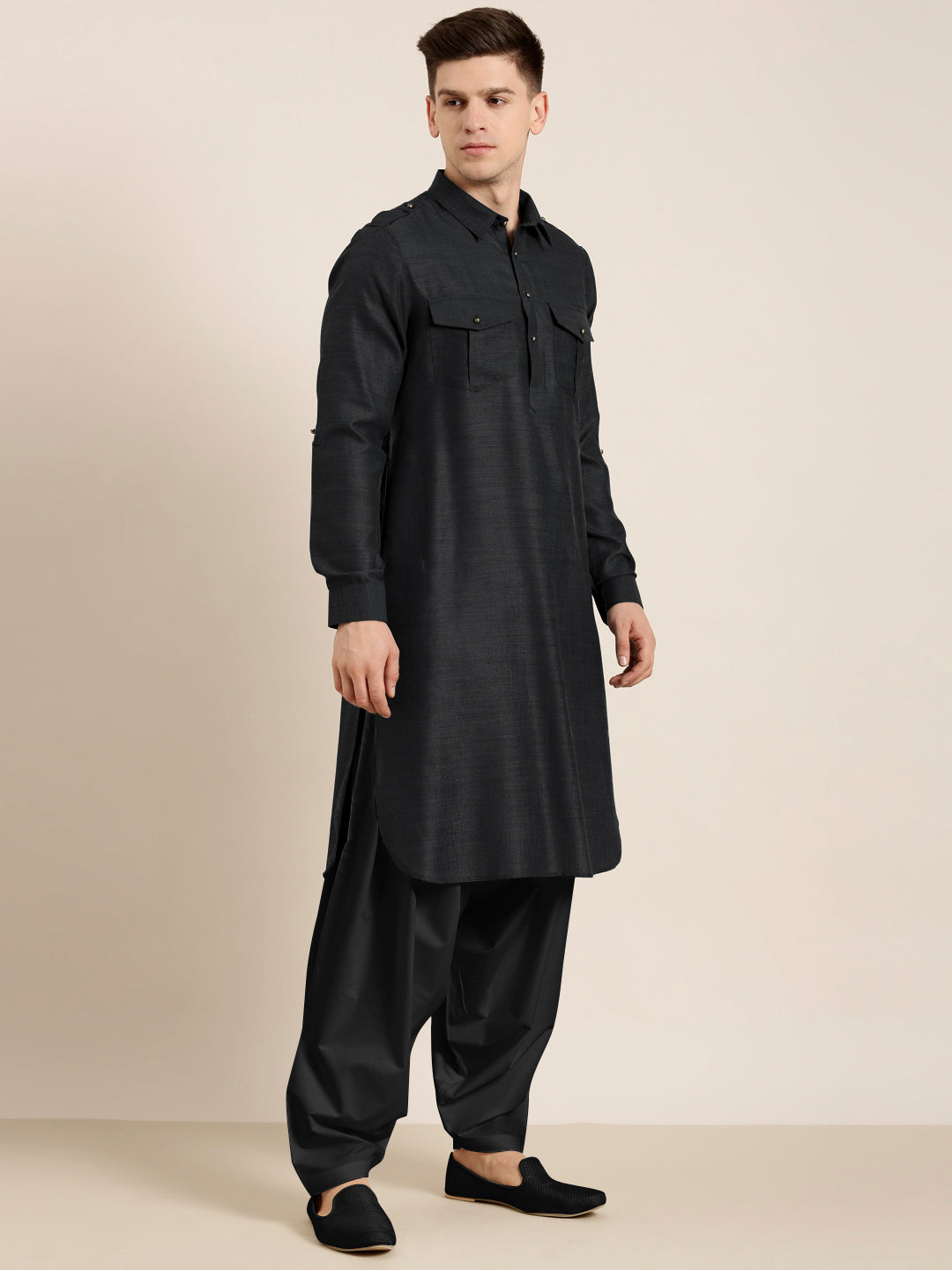 Black Cotton Pathani With Salwar