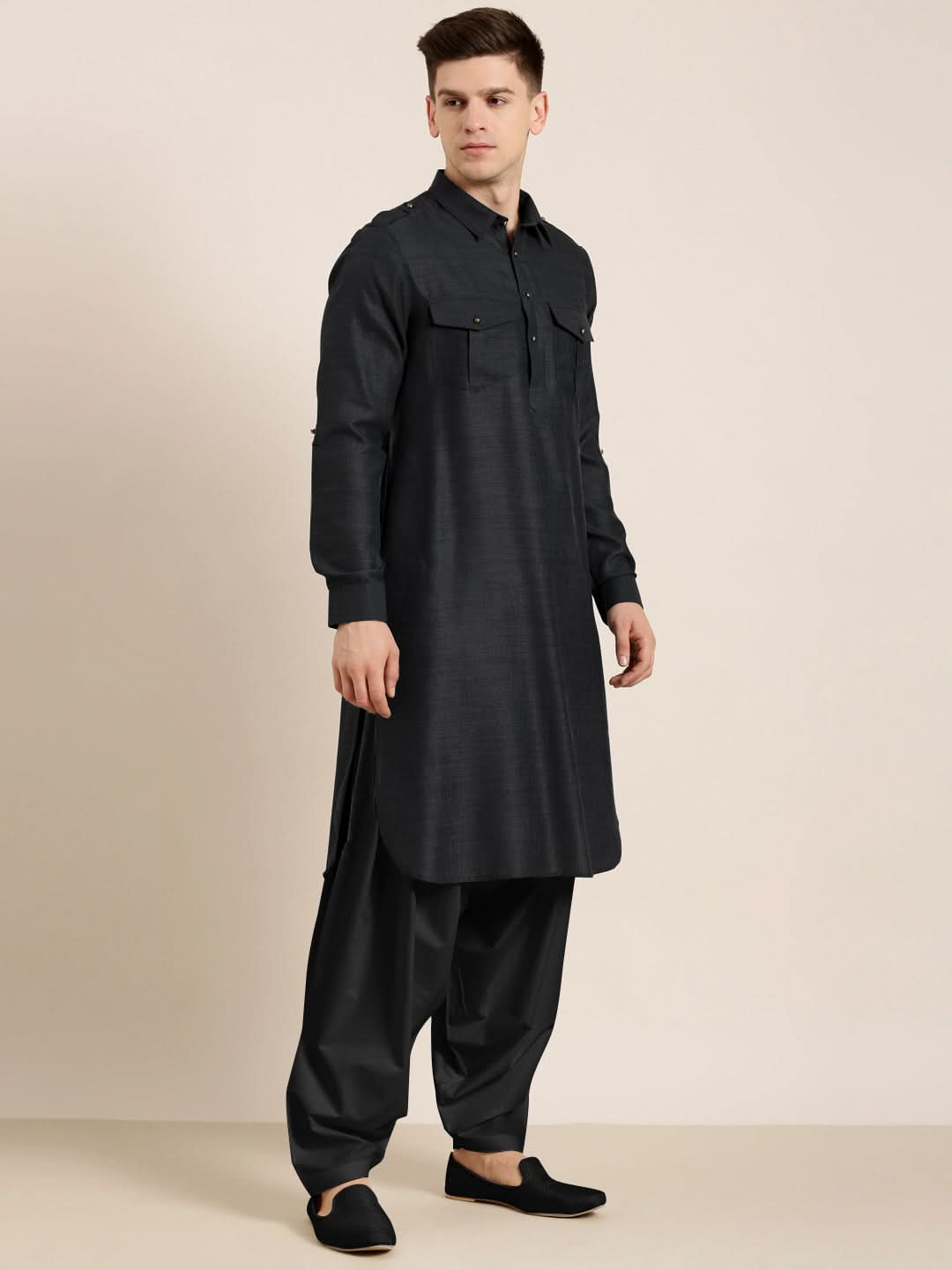 Black Cotton Pathani With Salwar