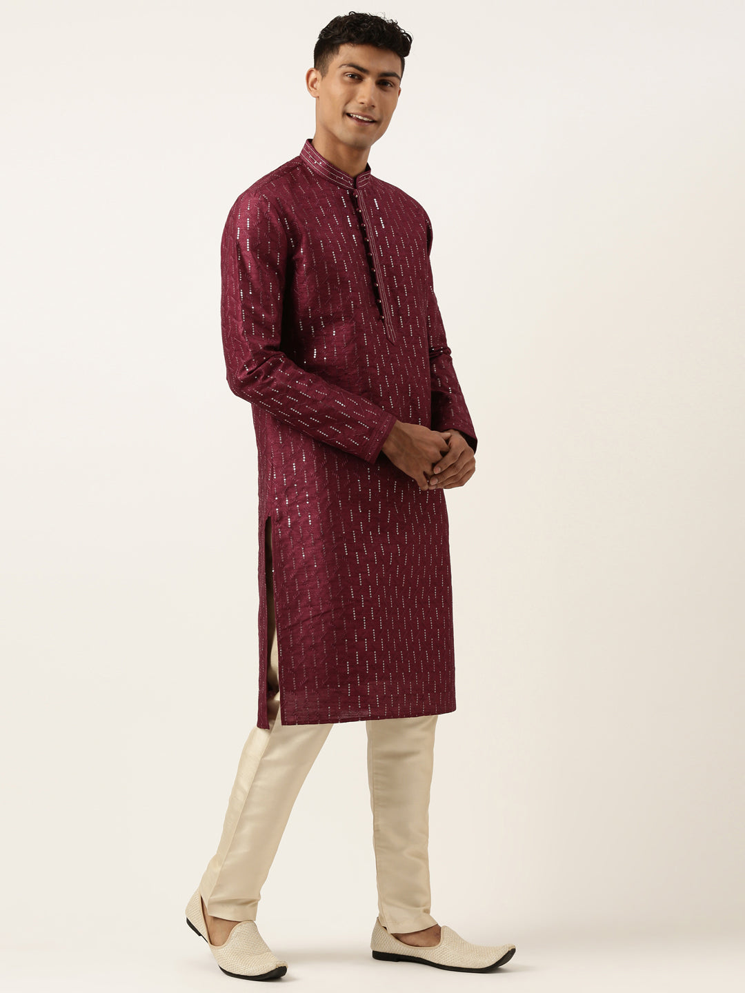 Wine Embroidered Kurta Set