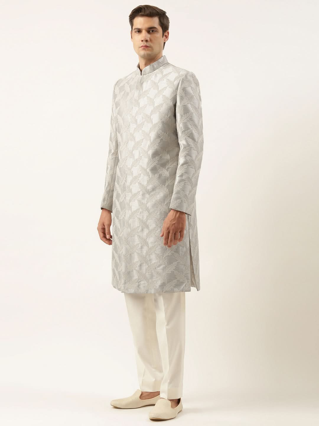 Grey Thread Embroidered Achkan