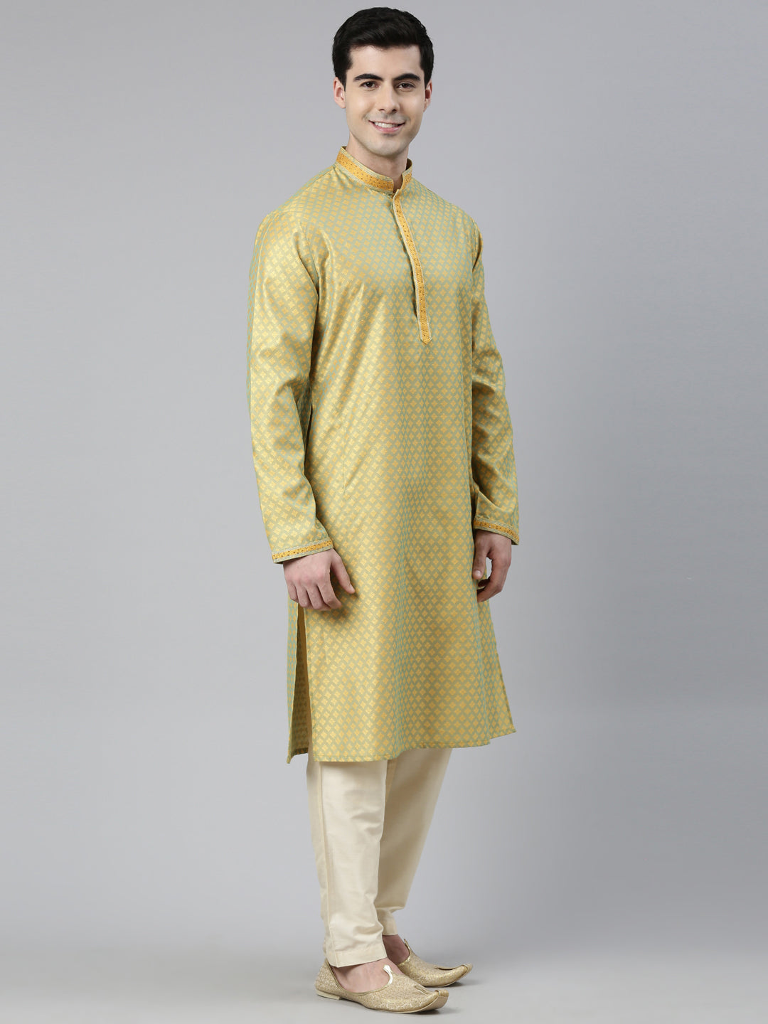 Greenish Yellow Silk Jacquard Kurta Set